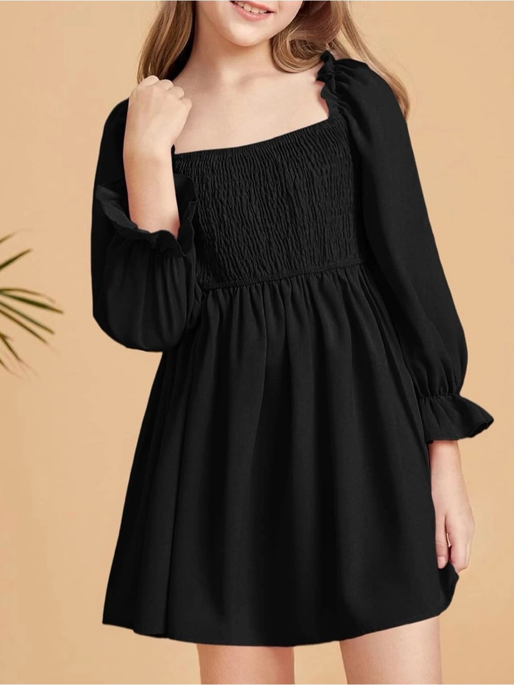 Girls 13/14 youth black square neck long sleeve ruffle mini dress
